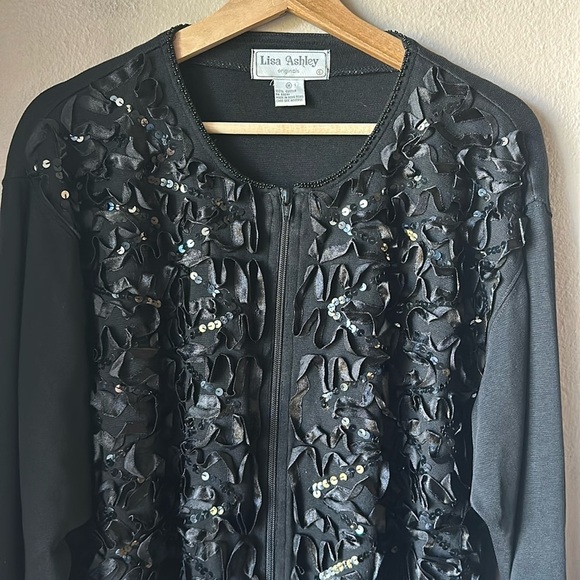 LISA ASHLEY Black Ribbon Sequin Zip Front Cardigan - Picture 1 of 7
